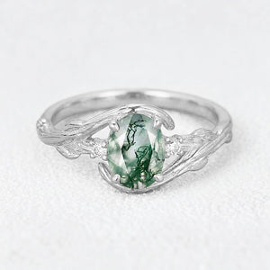 Oval Cut Moss Agate Branches Vintage Engagement Ring.