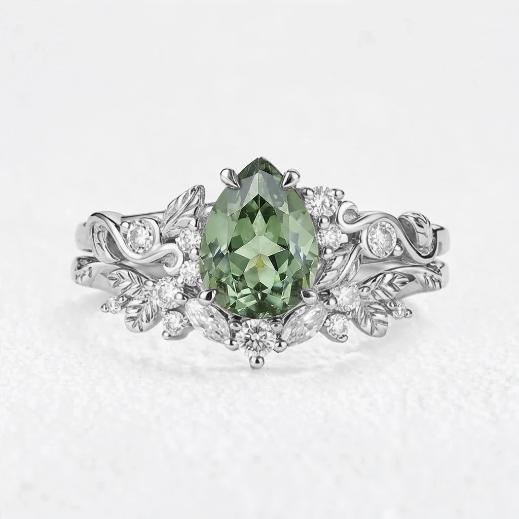 Sylvie’s Vine | 1.3CT Vintage Green Sapphire & Leaf Bridal Set 2pcs