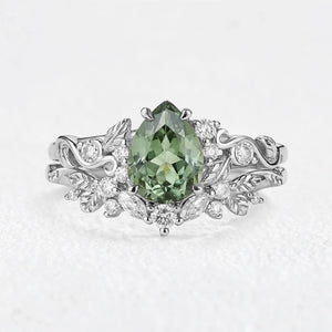 Sylvie’s Vine | 1.3CT Vintage Green Sapphire & Leaf Bridal Set 2pcs