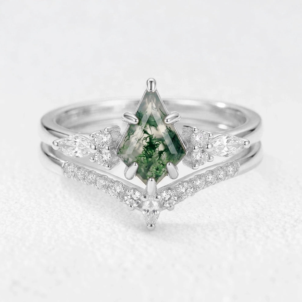 Elara’s Drift  | Vintage Kite Cut Moss Agate Bridal Set 2pcs.