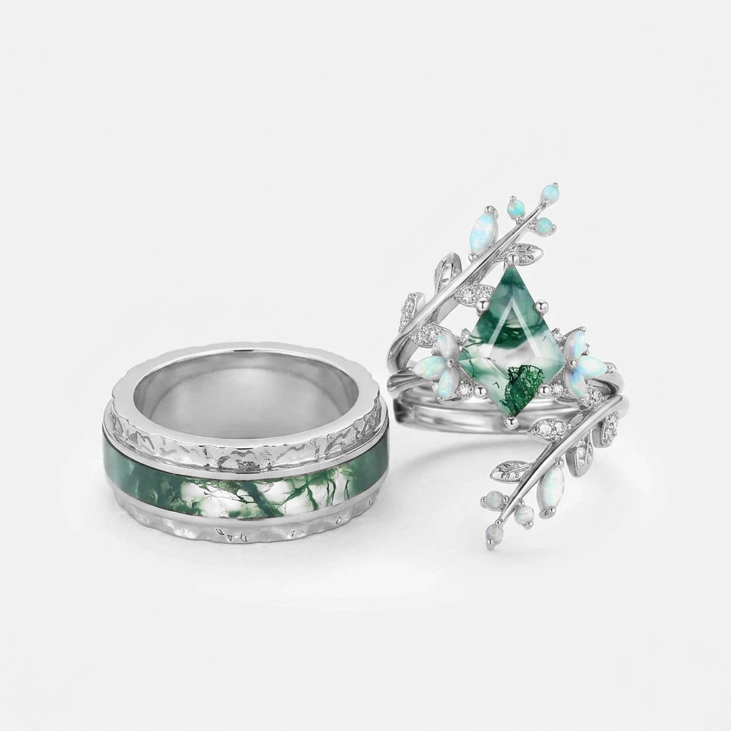 Knight’s Citadel | Kite Cut Moss Agate & Opal Couple Ring Set 3pcs.