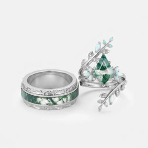 Knight’s Citadel | Kite Cut Moss Agate & Opal Couple Ring Set 3pcs.