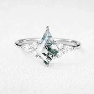 Sylvie’s Glade | Kite Cut Moss Agate Three-Stone Engagement Ring