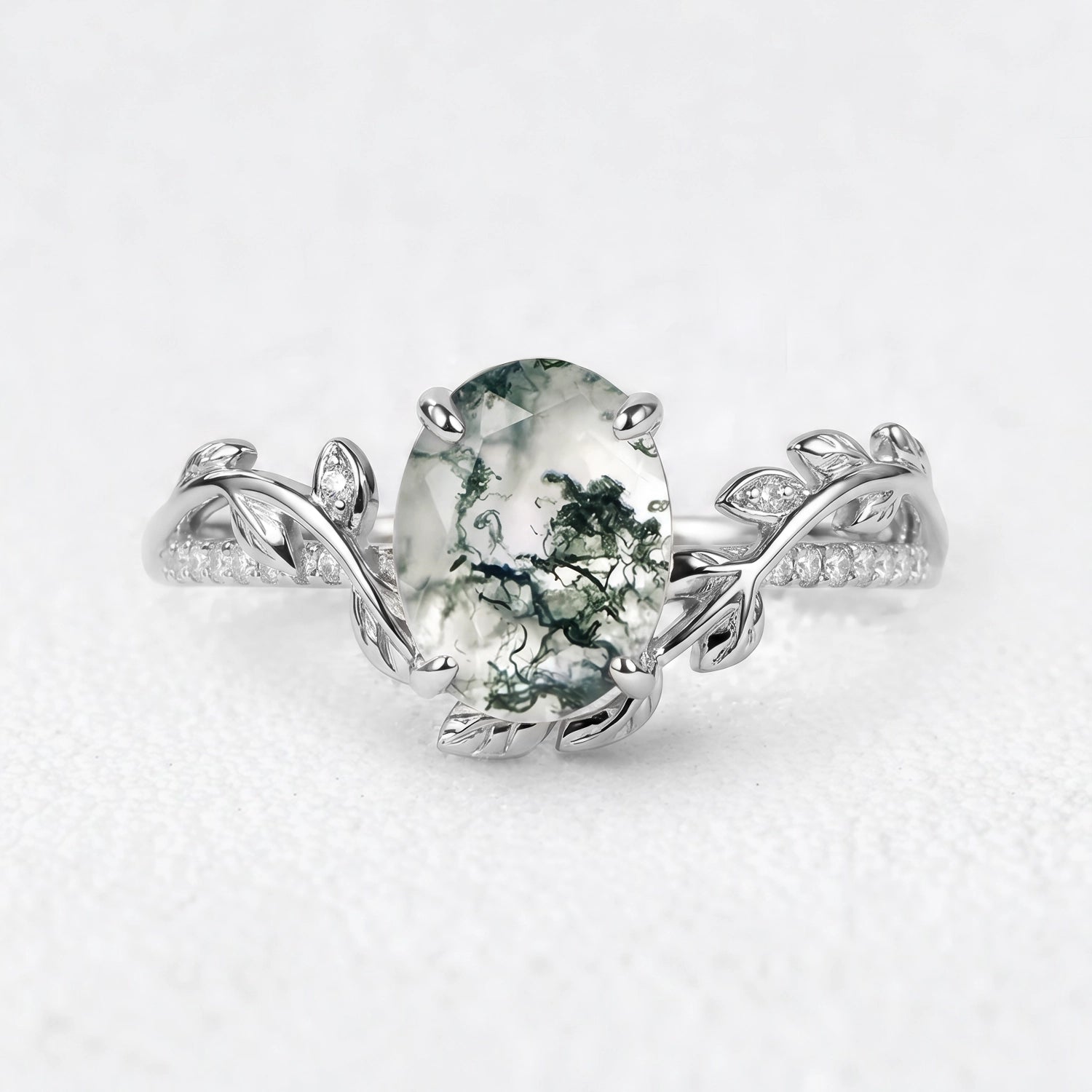 Marguerite’s Foliage | Oval Moss Agate Engagement Ring
