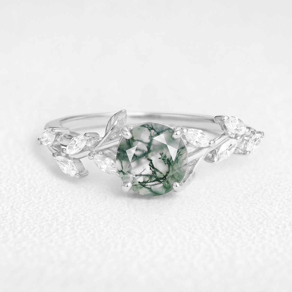Celandine’s Tendril | Round Cut Moss Agate Vine Engagement Ring