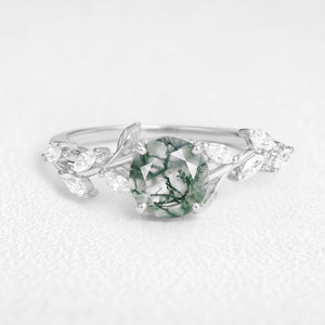 Celandine’s Tendril | Round Cut Moss Agate Vine Engagement Ring