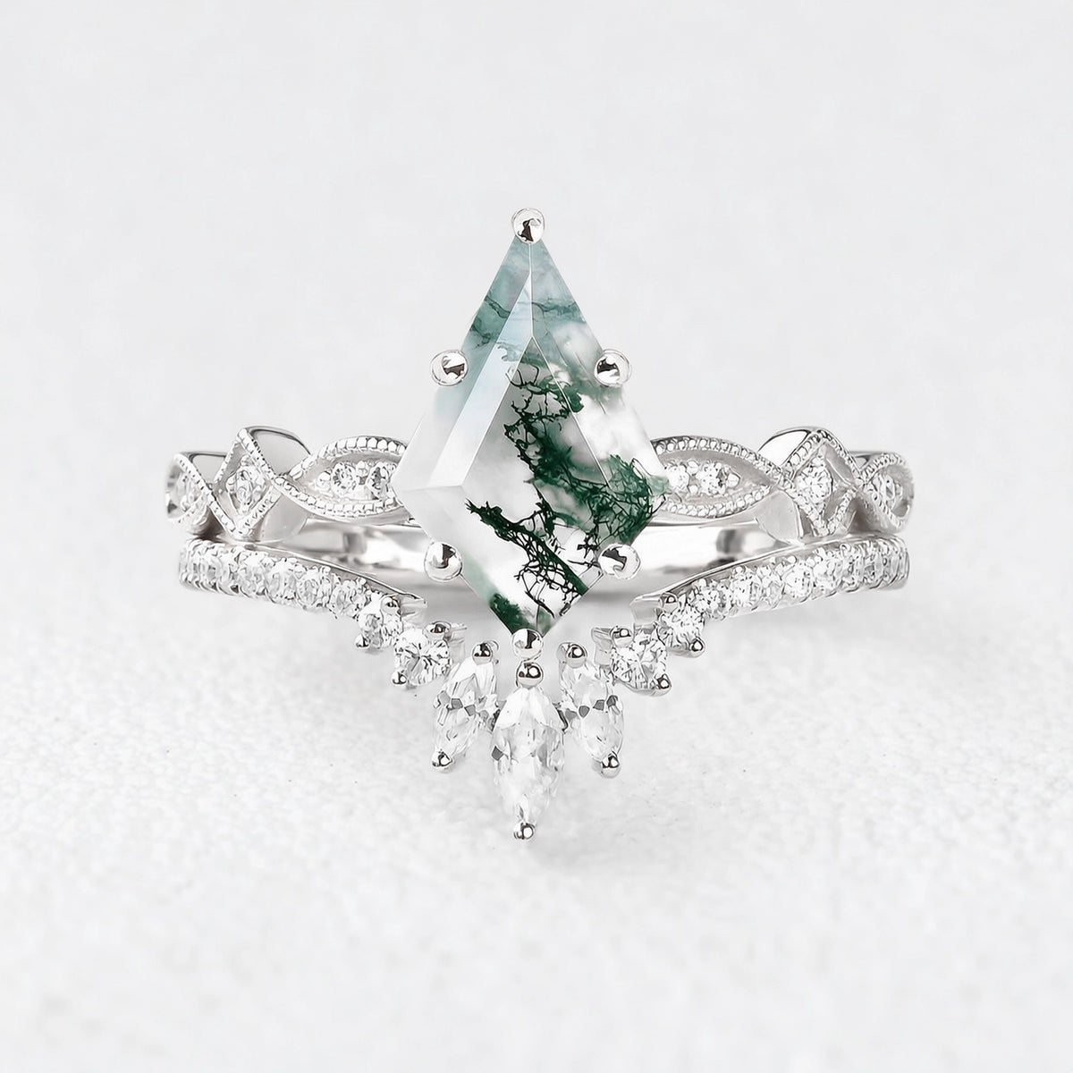 Sylvia‘s Glade | Kite Cut Moss Agate Chevron Bridal Duo