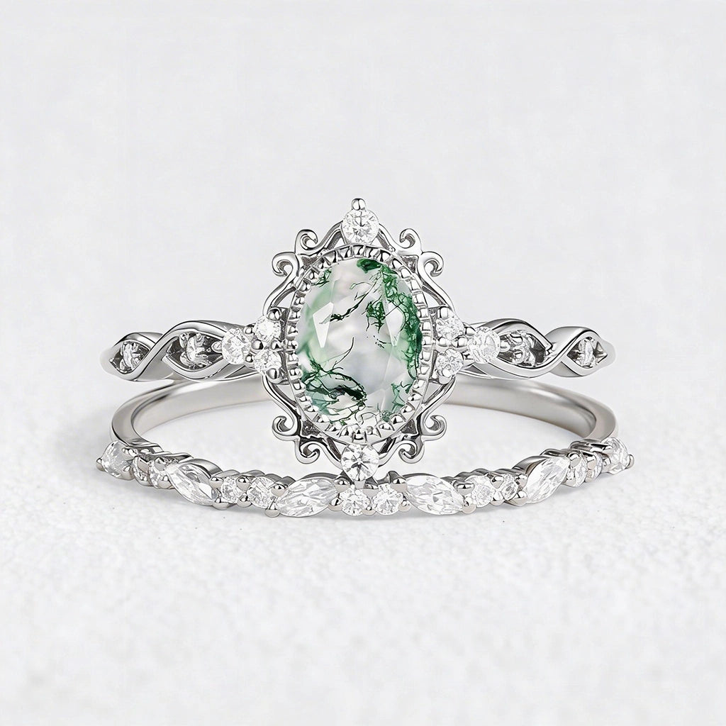 Marguerite’s Garland | Oval Moss Agate Vintage Bridal Set 2pcs
