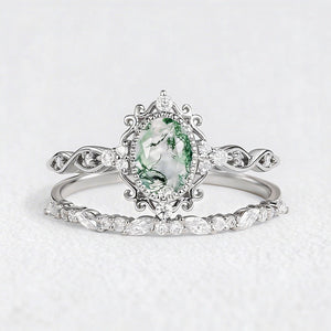 Margaret's Garden – Oval Cut Vintage Moss Agate Bridal Set 2pcs