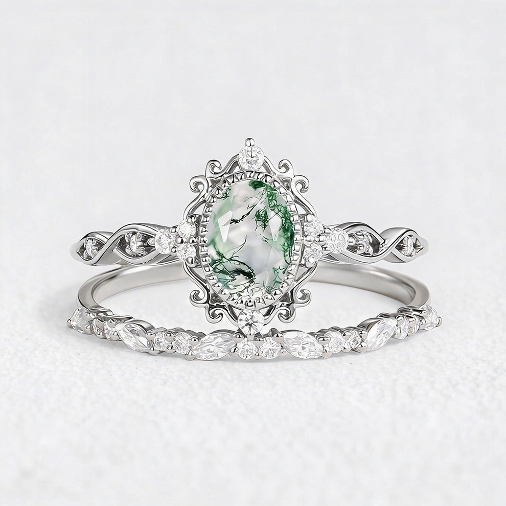 Marguerite’s Garland | Oval Moss Agate Vintage Bridal Set 2pcs