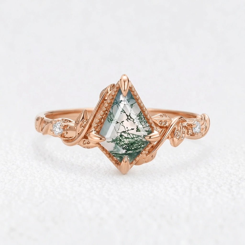 Leafy Kite Cut Moss Agate & Moissanite Engagement Ring.
