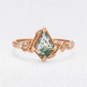 Leafy Kite Cut Moss Agate & Moissanite Engagement Ring.