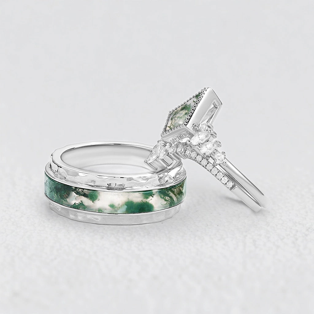 Sylvie’s Cluster | Kite Cut Moss Agate Engagement Couple Ring Set 3pcs.