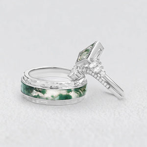 Sylvie’s Cluster | Kite Cut Moss Agate Engagement Couple Ring Set 3pcs.