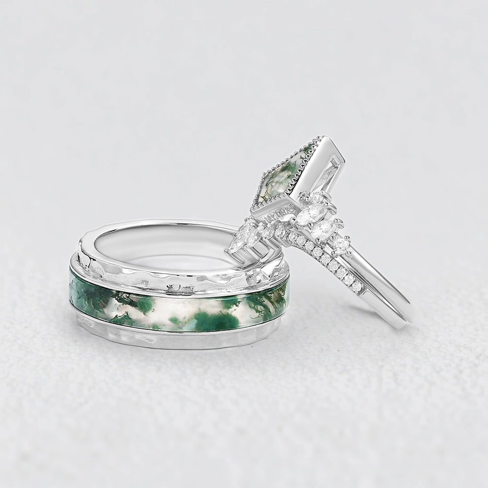 Sylvie’s Cluster | Kite Cut Moss Agate Engagement Couple Ring Set 3pcs.