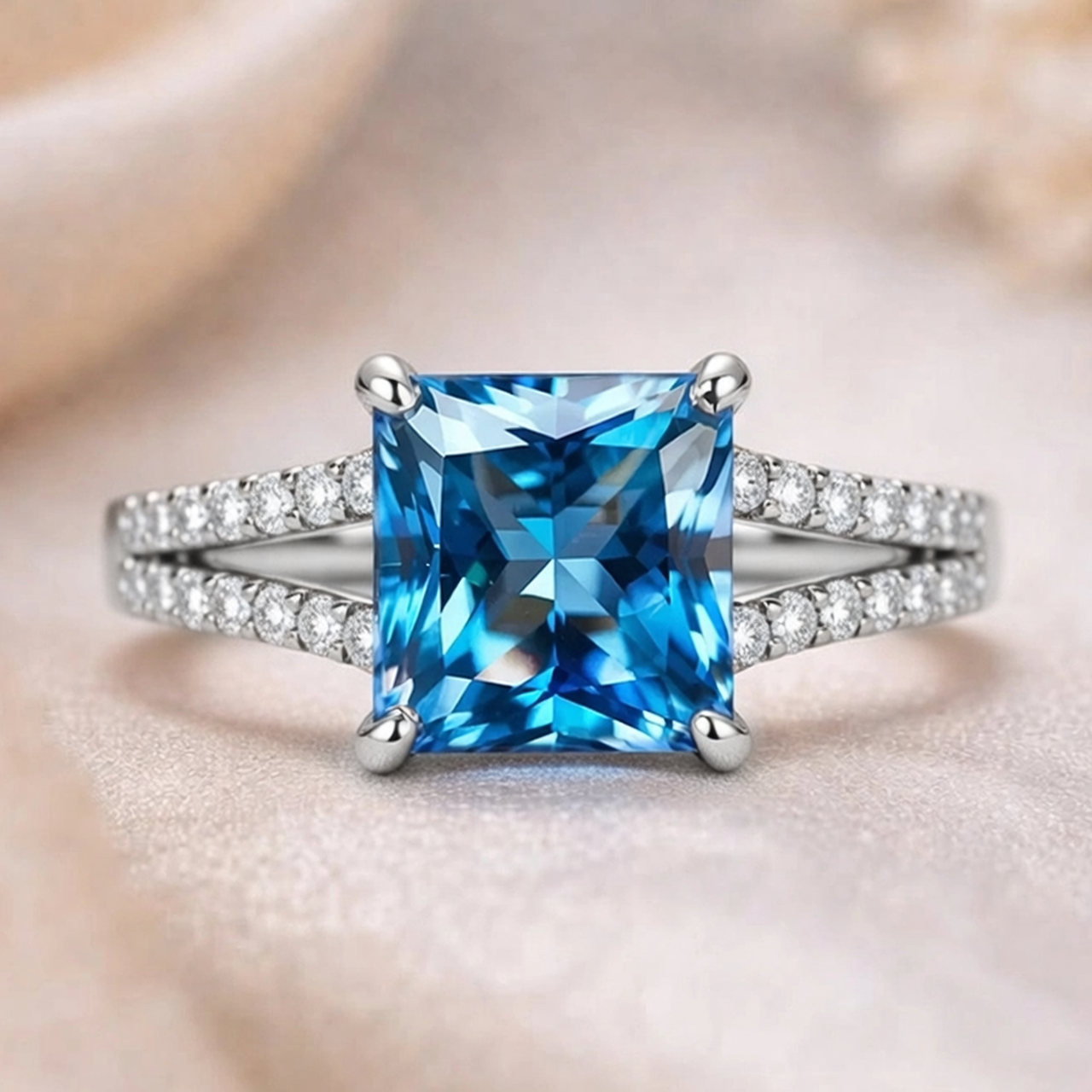 Aurora’s Gleam | 2CT Princess Cut Blue Sapphire Ring.