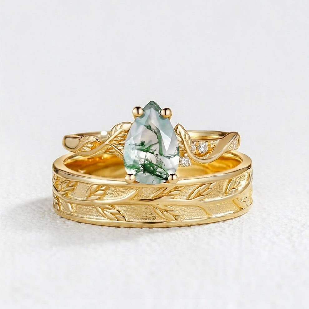 Laurel’s Spinney | Pear Moss Agate Leaf Wedding Band Couple Set 3pcs.