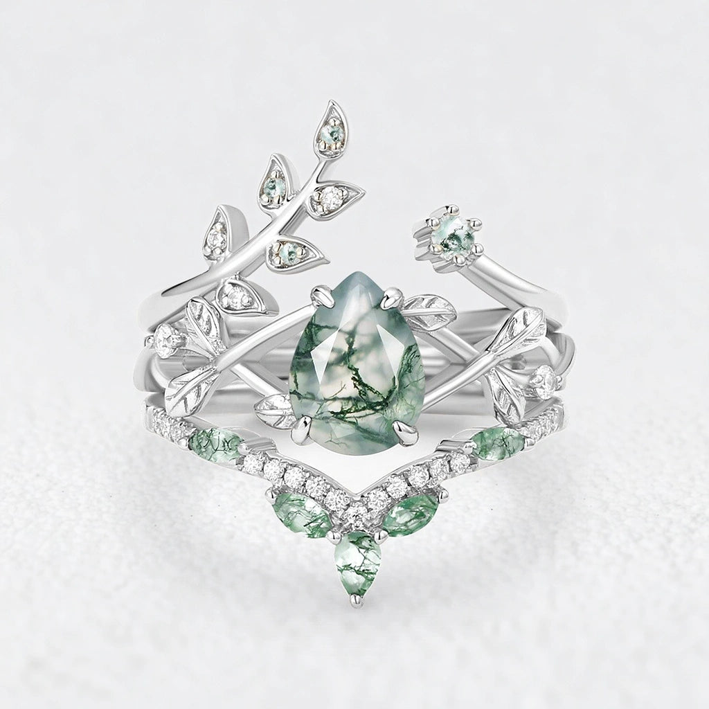 Isadora’s Verdant | Pear Cut Moss Agate Leafy Bridal Set 3pcs