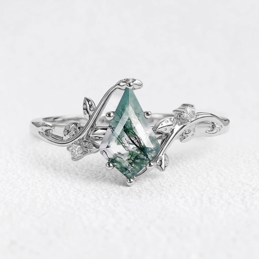 Hazel’s Whisper | Kite Cut Moss Agate Engagement Ring