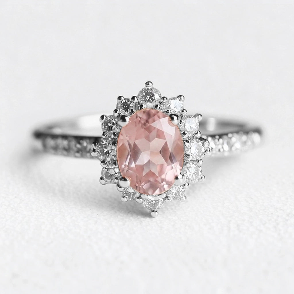 Rosalind’s Blush | Rose Quartz Halo Engagement Ring.