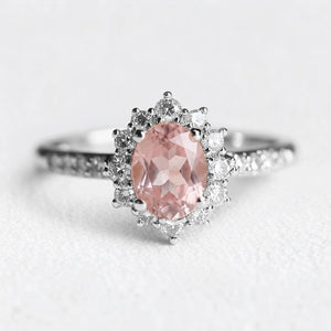 Rosalind’s Blush | Rose Quartz Halo Engagement Ring.