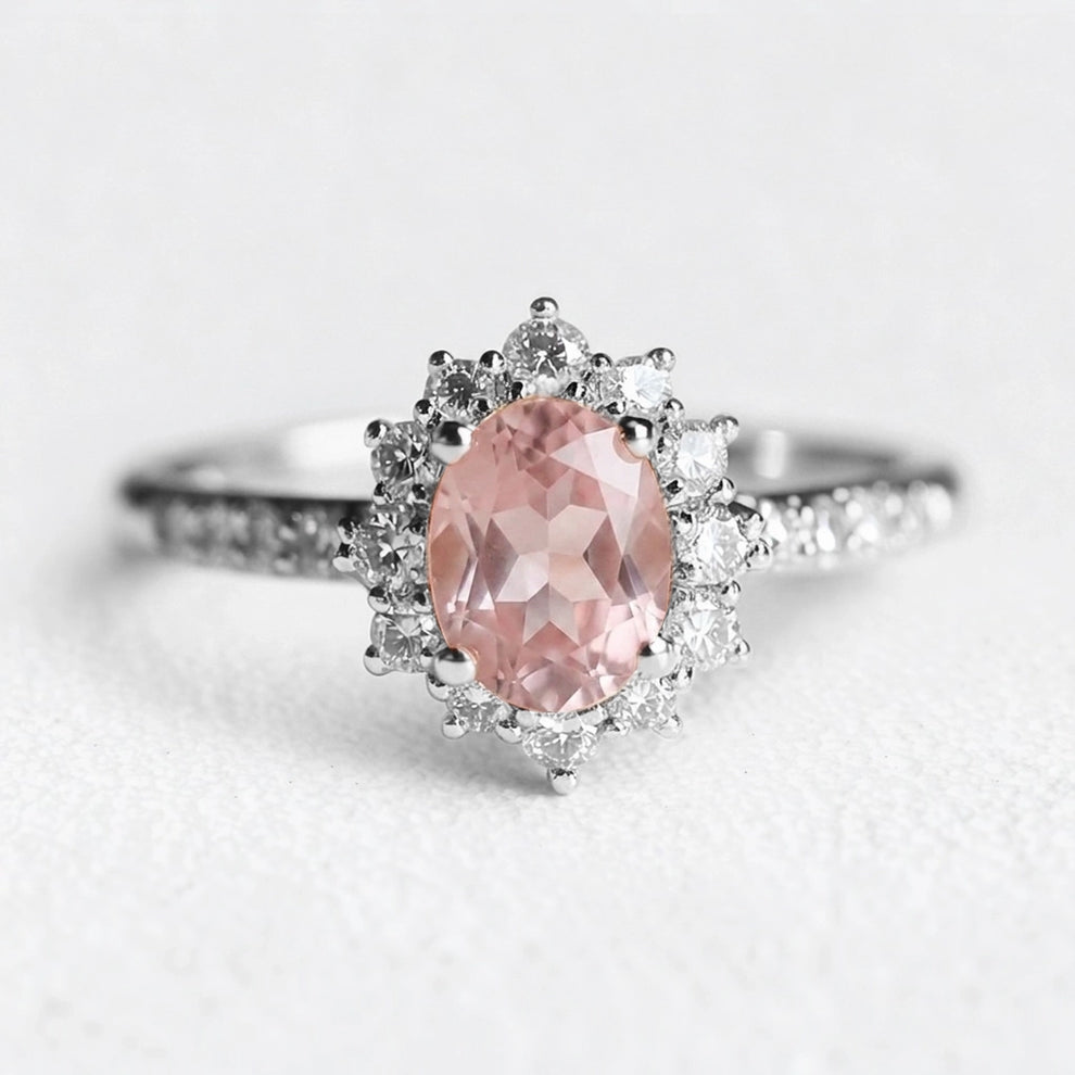 Rosalind’s Blush | Rose Quartz Halo Engagement Ring.