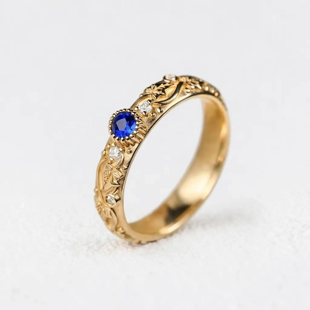 Ivy’s Cove | Blue Sapphire & Diamond Ivy Leaf Wedding Band.