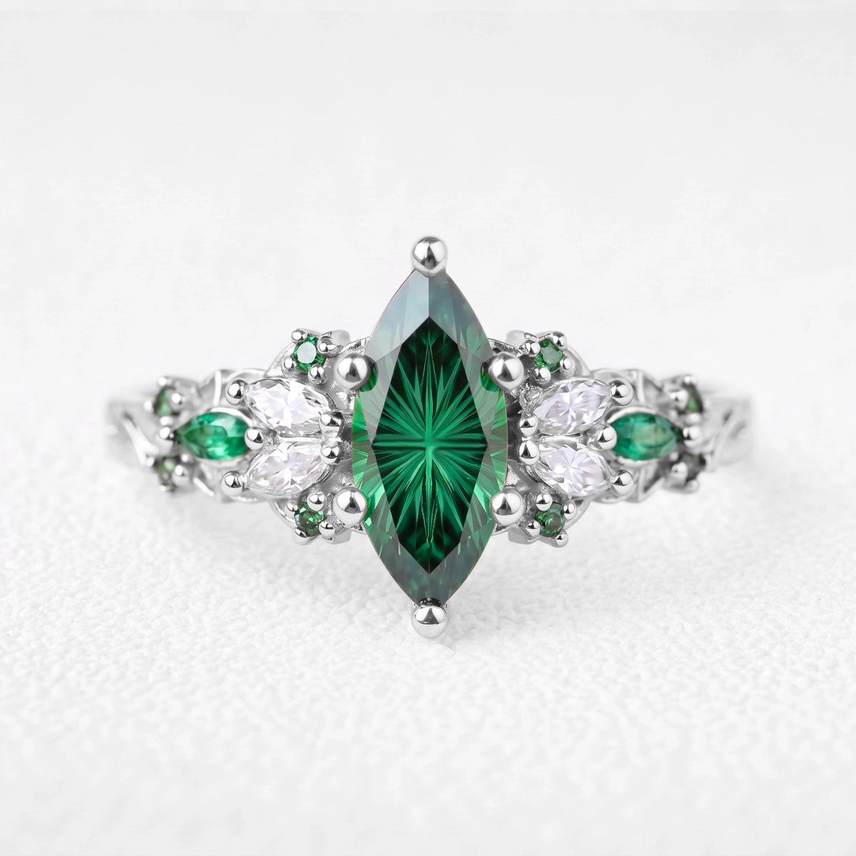 Alexandra’s Diadem | Fantasy-Cut Marquise Emerald Cluster Engagement Ring