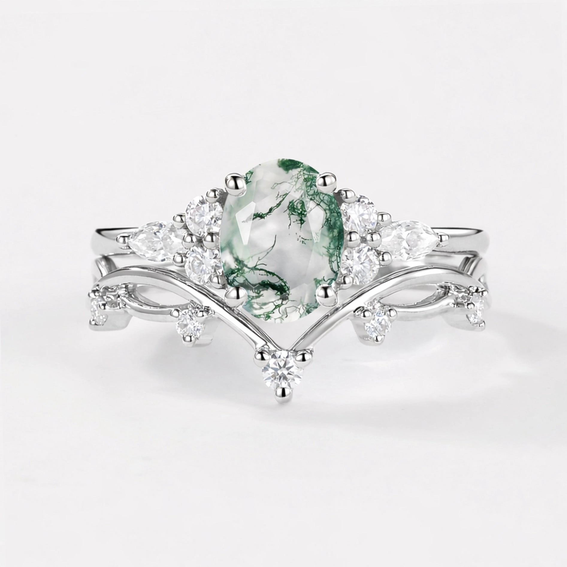 Ona Oval Cut Moss Agate Vintage Gold Ring Set 2pcs.