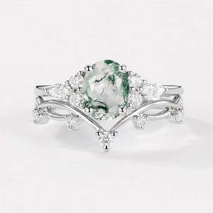 Ona Oval Cut Moss Agate Vintage Gold Ring Set 2pcs.