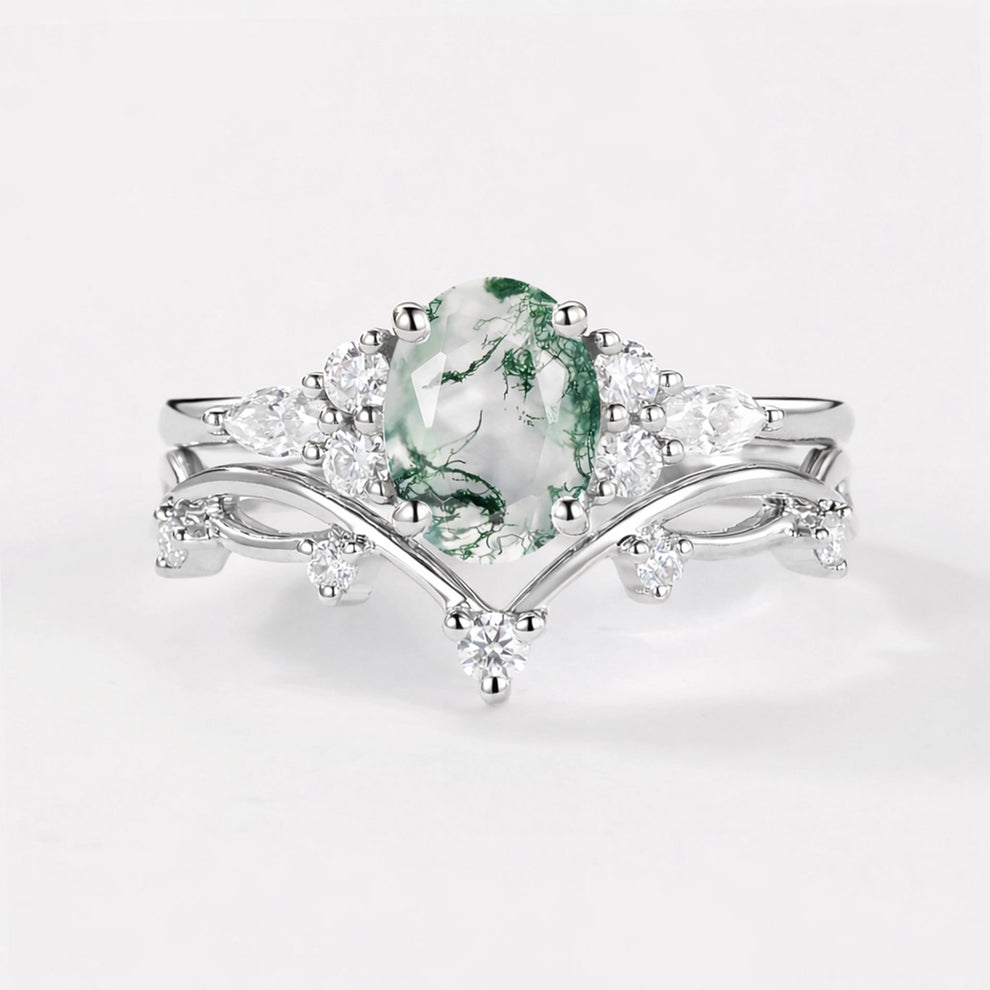 Ona Oval Cut Moss Agate Vintage Gold Ring Set 2pcs.