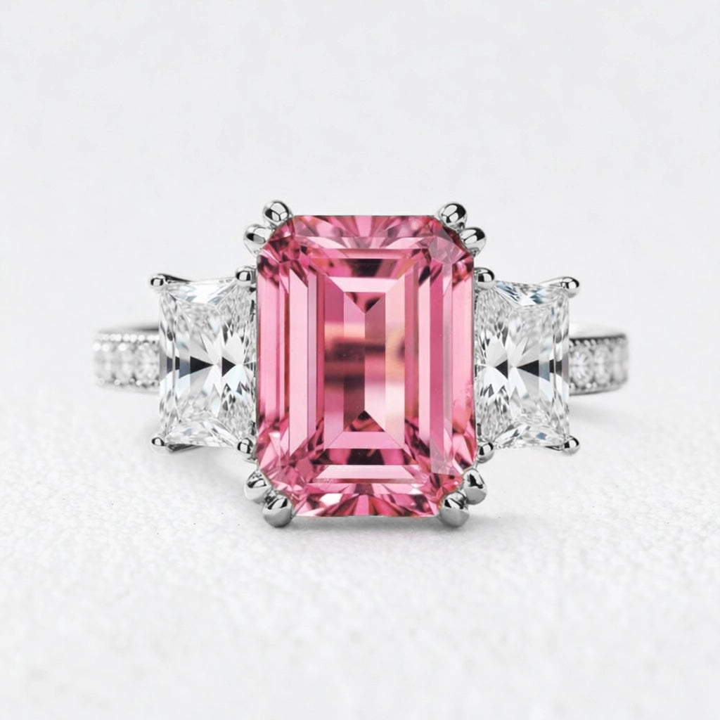 Cleo's Romance | 3CT Emerald Cut Pink Sapphire Engagement  Ring