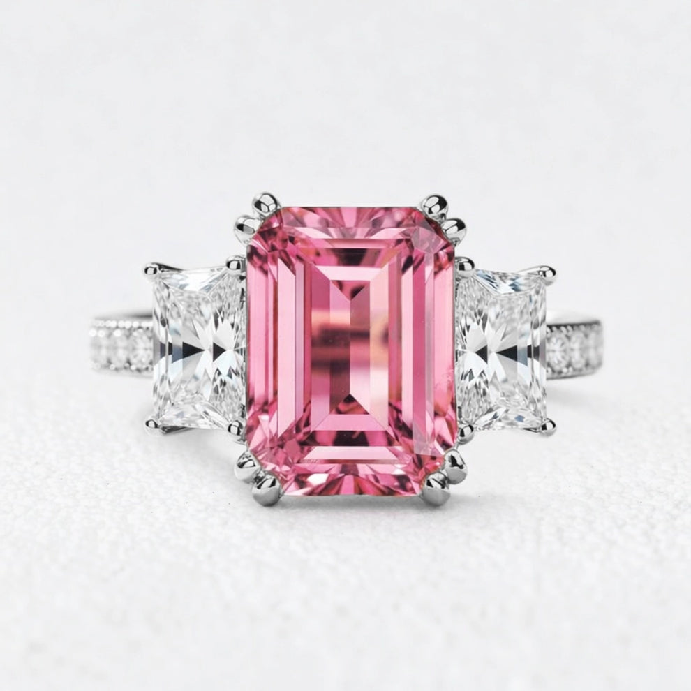Cleo's Romance | 3CT Emerald Cut Pink Sapphire Engagement  Ring