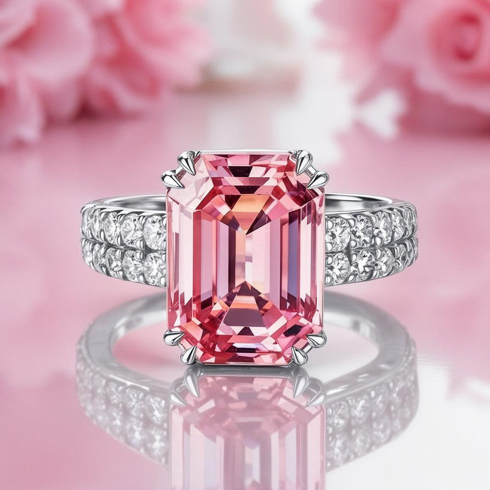 Lyra‘s Canvas | 3CT Emerald Cut Pink Gemstone Ring.