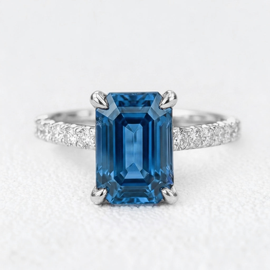 Ianthe’s Azure | 3CT Emerald‑Cut Sapphire Solitaire Engagement Ring