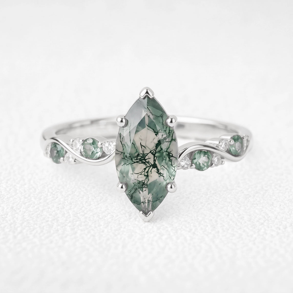 Flora’s Sprig | Marquise Cut Moss Agate Botanical Engagement Ring