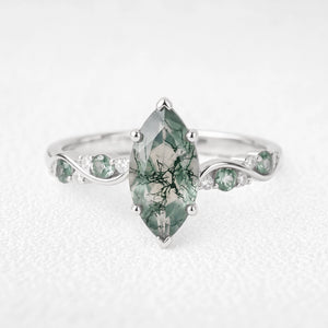 Flora’s Sprig | Marquise Cut Moss Agate Botanical Engagement Ring