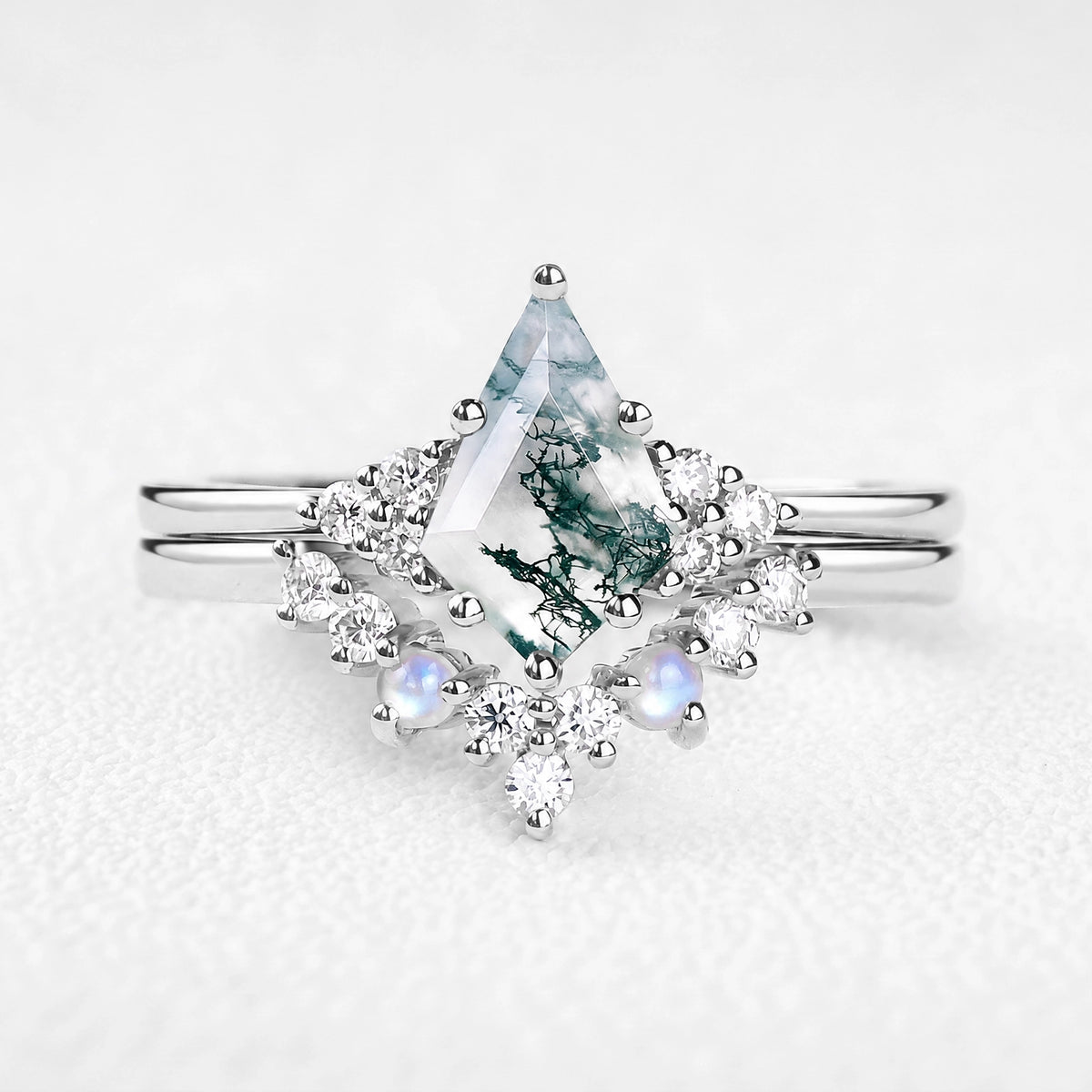 Diana’s Bower | Kite Cut Moss Agate & Moonstone Cluster Chevron Bridal Set 2pcs