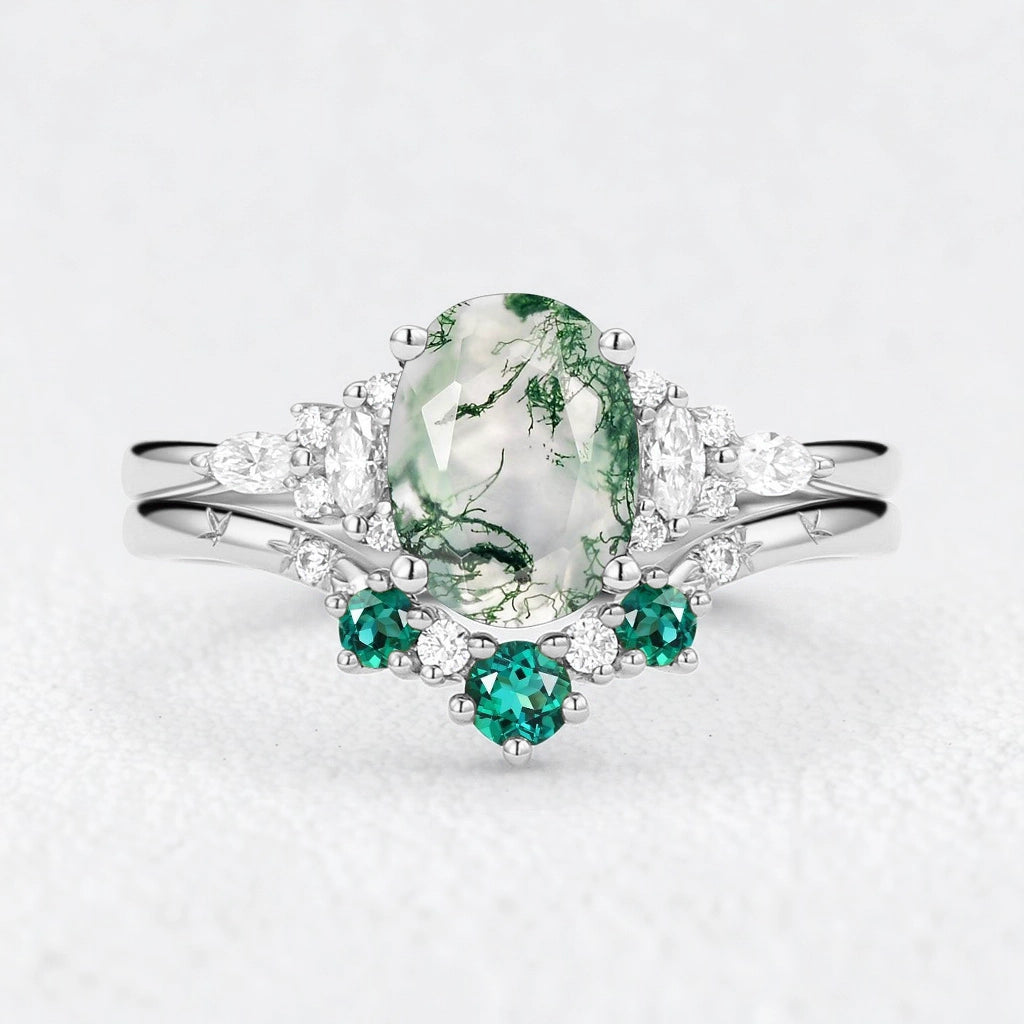 Seraphina’s Harmony | Oval Moss Agate & Lab Emerald Bridal Duo