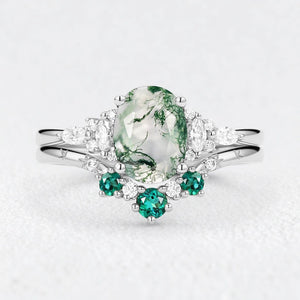 Seraphina’s Harmony | Oval Moss Agate & Lab Emerald Bridal Duo