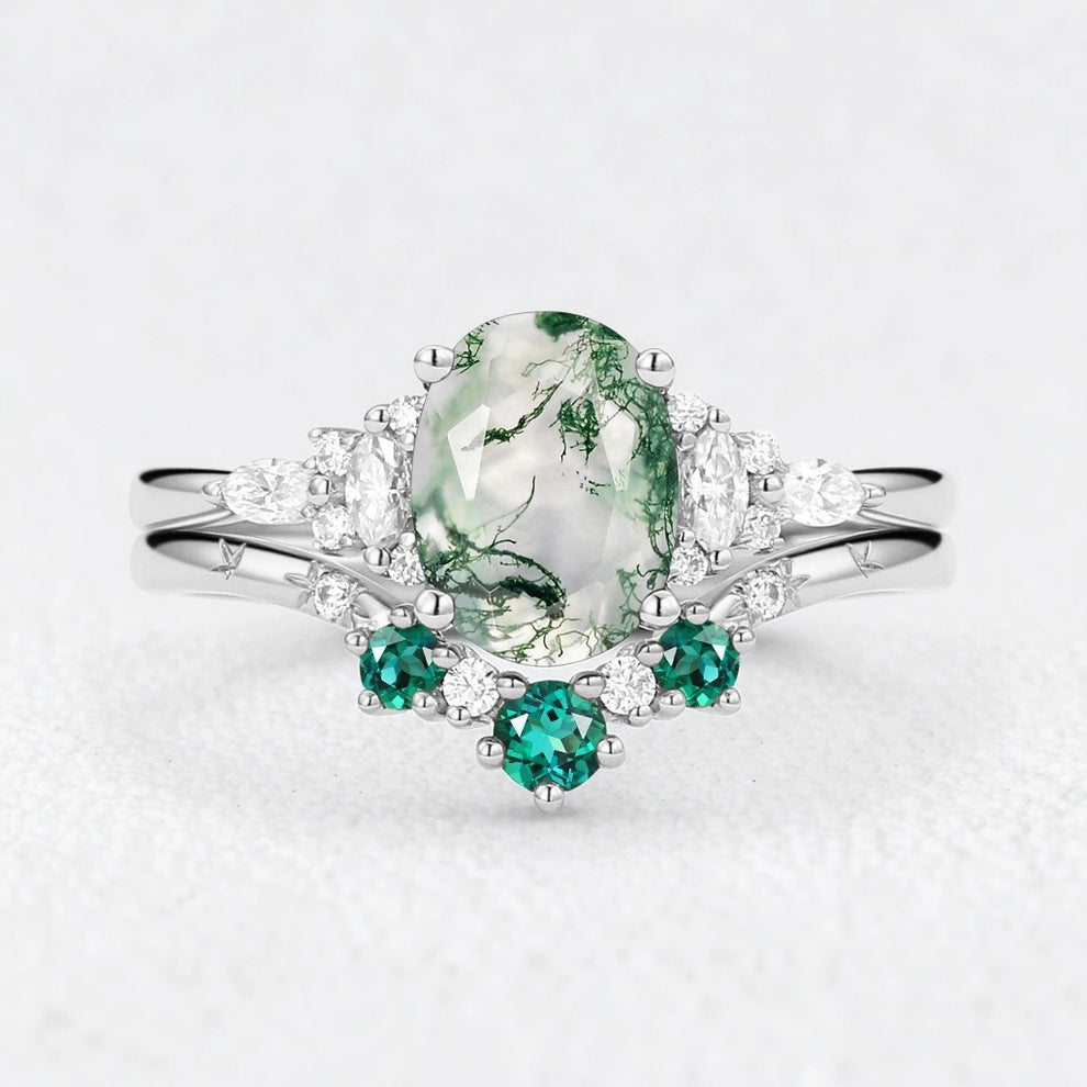 Seraphina’s Harmony | Oval Moss Agate & Lab Emerald Bridal Duo