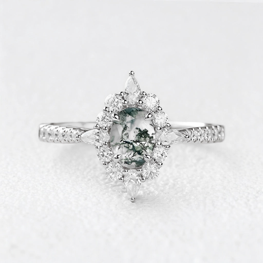 Isadora’s Meadow | Vintage Oval Moss Agate Halo Engagement Ring