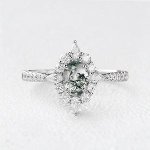 Isadora’s Meadow | Vintage Oval Moss Agate Halo Engagement Ring
