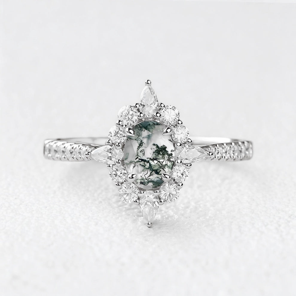 Isadora’s Meadow | Vintage Oval Moss Agate Halo Engagement Ring