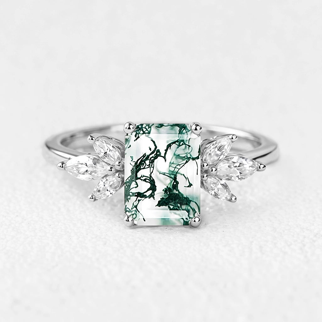 Sylvie’s Lattice | Emerald Cut Moss Agate Cluster Engagement Ring