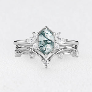 Alexandra’s Heritage | Hexagon Moss Agate & Moissanite Vintage Bridal Duo