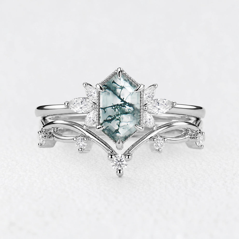 Alexandra’s Heritage | Hexagon Moss Agate & Moissanite Vintage Bridal Duo