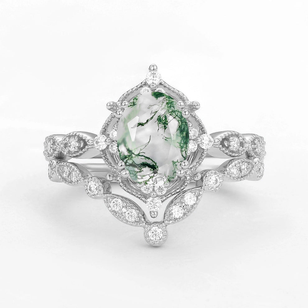 Brynn Oval Moss Agate & Moissanite Classic Ring Set 2pcs.