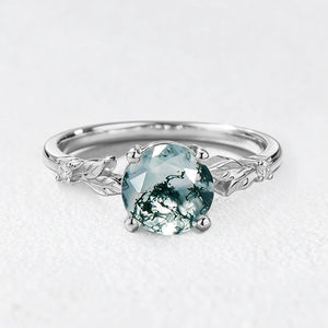 Aurelia’s Leaflet | Round Cut Moss Agate Leafy Engagement Ring