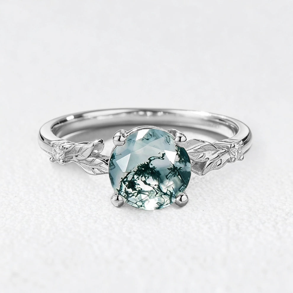 Aurelia’s Leaflet | Round Cut Moss Agate Leafy Engagement Ring